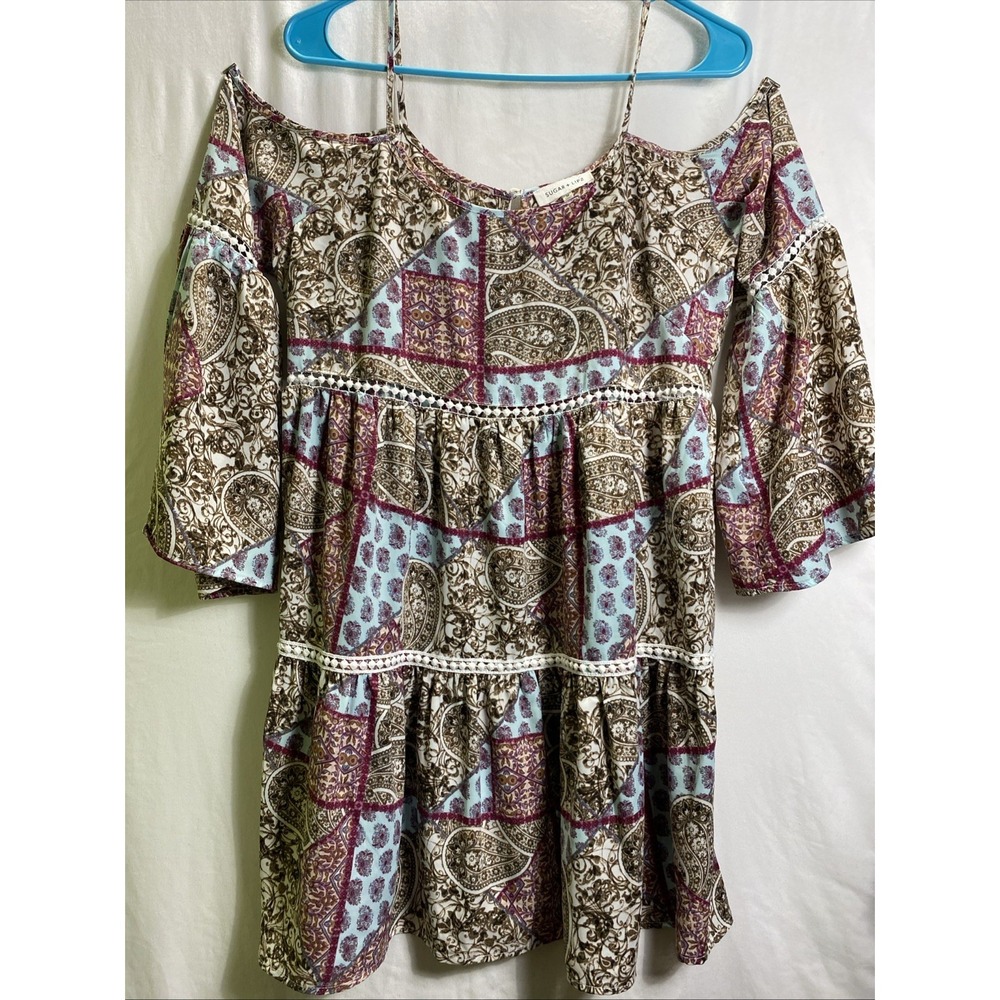 Sugar Lips Womens Paisley Patchwork Cold Shoulder Bell Sleeve Mini Dress LT34209